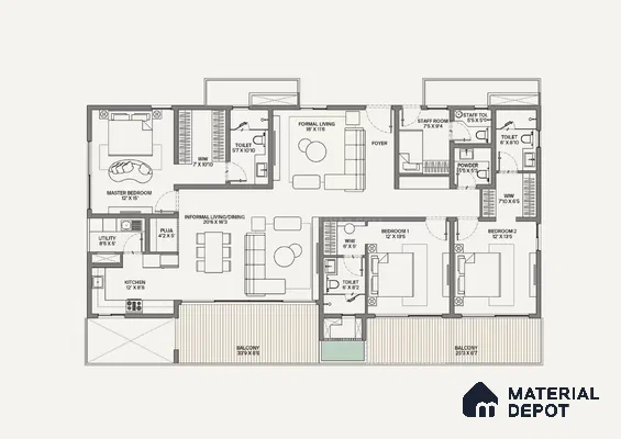 Modern apartment floor plan with open living, kitchen, bedrooms, balconies, and pooja room