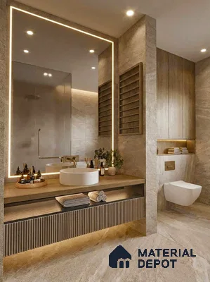 Modern bathroom with beige stone tiles, fluted vanity, and wood accent wall