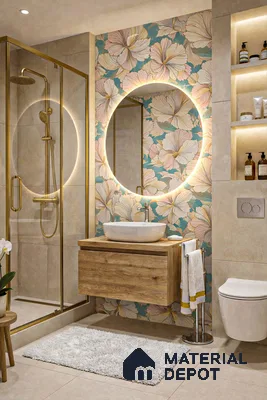 Modern bathroom with floral highlighter wall tile, beige matte wall tiles, and wood finish floating vanity