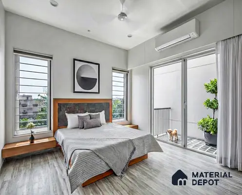 Minimalist bedroom with grey wood-look floor tile and natural wood bed frame