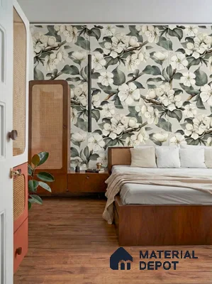 Mid-century modern bedroom with floral wallpaper, cane wardrobe, and walnut wood flooring