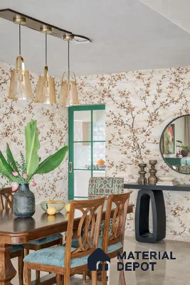 Eclectic dining room with floral wallpaper, wooden dining table, and beige marble floor