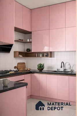 Modern kitchen with pastel pink high gloss laminate, black granite countertop, and white vertical subway backsplash tile