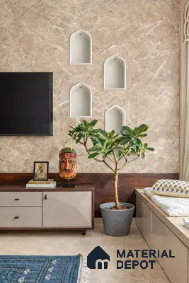 Modern living room with beige marble wall, wooden TV unit, and glossy beige cabinetry