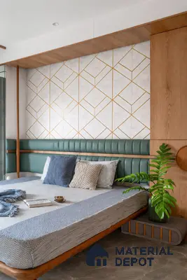 Modern bedroom with geometric marble accent wall, green upholstered headboard, and wood laminate paneling
