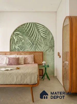 Scandinavian bedroom with tropical wallpaper accent, cane bed, and natural wood wardrobe