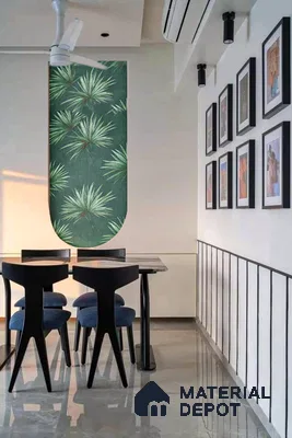 Modern dining room with tropical green wallpaper accent and glossy grey floor tiles