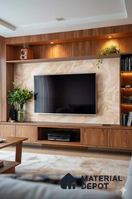 Mid-century modern TV unit with walnut wood laminate and beige marble-look laminate accent wall