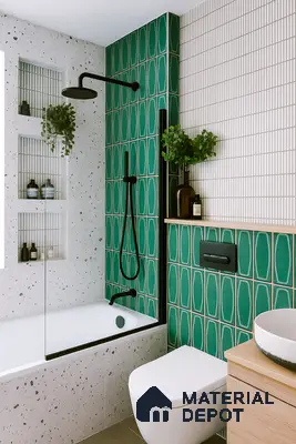 Modern bathroom with green geometric wall tiles, terrazzo wall, and vertical kitkat white wall tiles of 3 BHK apartment in Prestige Greenwoods Old Madras Road in Bengaluru