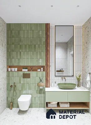 Scandinavian bathroom with sage green kitkat wall tiles, terrazzo floor tiles, and wood accents of 3 BHK apartment in Prestige Greenwoods Old Madras Road in Bengaluru