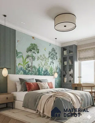 Scandinavian bedroom with tropical wallpaper, fluted wall panels, and natural wood furniture of 3 BHK apartment in Prestige Greenwoods Old Madras Road in Bengaluru