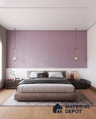 Modern bedroom with mauve fluted wall panels and light oak wooden flooring of 3 BHK apartment in Prestige Greenwoods Old Madras Road in Bengaluru