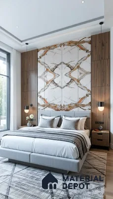 Modern bedroom with bookmatch marble accent wall and walnut wood panels of 3 BHK apartment in Prestige Greenwoods Old Madras Road in Bengaluru