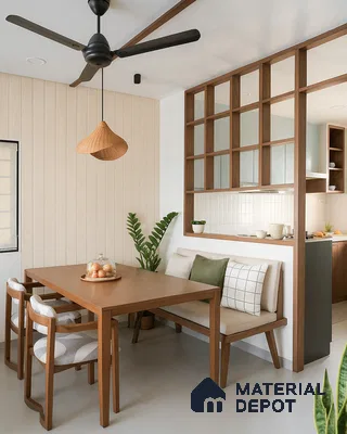 Scandinavian dining room with light oak wood furniture, beige fluted wall panels, and minimalist decor of 3 BHK apartment in Prestige Greenwoods Old Madras Road in Bengaluru