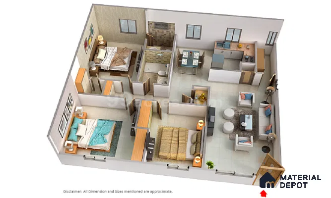 Modern 3BHK apartment layout with beige floor tiles, wood laminate wardrobes, and open plan living-dining of 3 BHK apartment in Prestige Greenwoods Old Madras Road in Bengaluru