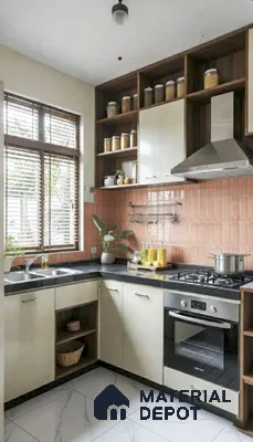 Modern kitchen with peach subway backsplash tile, cream laminate cabinets, and white marble floor tile of 3 BHK apartment in Prestige Greenwoods Old Madras Road in Bengaluru