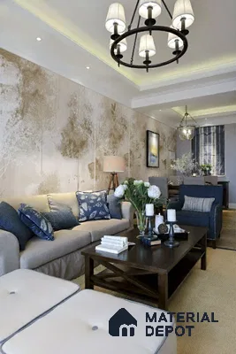 Transitional living room with beige nature wallpaper, dark wood coffee table, and neutral upholstery of 3 BHK apartment in Prestige Greenwoods Old Madras Road in Bengaluru