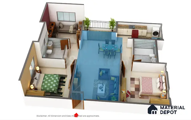 Modern open plan living and dining room with beige floor tile and blue upholstered furniture