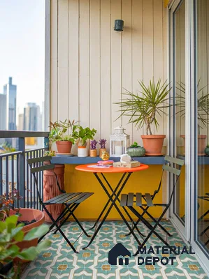 Eclectic balcony with patterned moroccan floor tiles and vertical wood panel wall