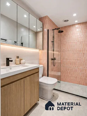 Modern bathroom with blush pink scallop wall tiles, white countertop, and light oak vanity laminate