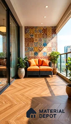 Eclectic balcony with patterned moroccan wall tiles and herringbone wood-look floor tiles of 3 BHK apartment in Prestige Jindal City Bagalakunte in Bengaluru