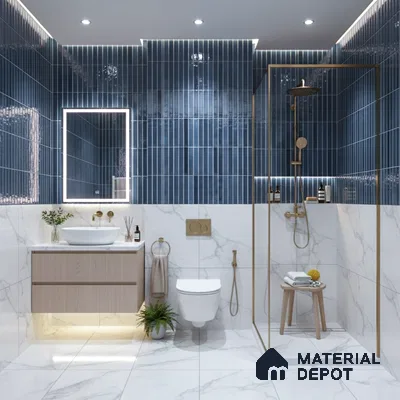 Modern bathroom with blue kitkat wall tiles and white marble-look floor and wall tiles of 3 BHK apartment in Prestige Jindal City Bagalakunte in Bengaluru