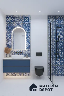 Modern bathroom with blue and white patterned moroccan wall tiles and matte blue vanity of 3 BHK apartment in Prestige Jindal City Bagalakunte in Bengaluru
