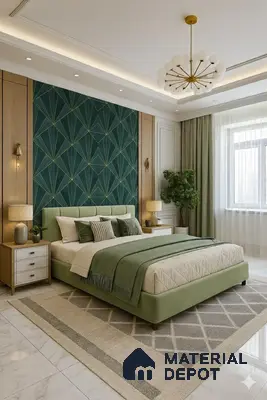 Modern bedroom with geometric green wallpaper, light wood panels, and sage green upholstered bed of 3 BHK apartment in Prestige Jindal City Bagalakunte in Bengaluru
