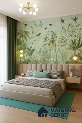Japandi bedroom with chinoiserie wallpaper, suede upholstered bed, and light wood flooring of 3 BHK apartment in Prestige Jindal City Bagalakunte in Bengaluru