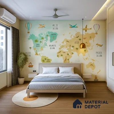 Modern kids bedroom with world map wallpaper and light wood flooring of 3 BHK apartment in Prestige Jindal City Bagalakunte in Bengaluru