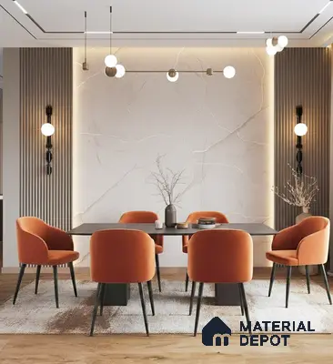 Modern dining room with marble-look accent wall, fluted wall panels, and burnt orange velvet chairs of 3 BHK apartment in Prestige Jindal City Bagalakunte in Bengaluru