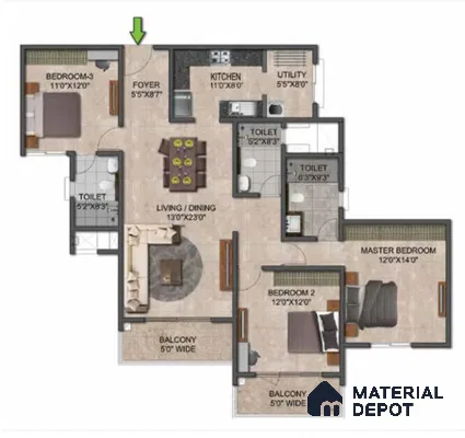 Modern 3BHK apartment floor plan with beige floor tiles and open plan living dining layout of 3 BHK apartment in Prestige Jindal City Bagalakunte in Bengaluru
