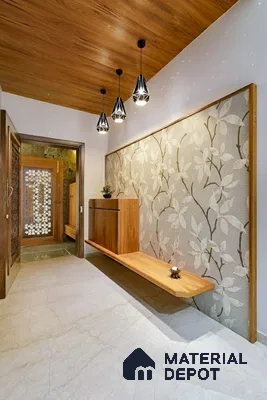 Modern foyer with floral wallpaper, natural wood laminate ceiling, and floating wooden console of 3 BHK apartment in Prestige Jindal City Bagalakunte in Bengaluru
