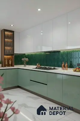 Modern kitchen with sage green and white high gloss laminate, green geometric backsplash tile, and white marble floor tile of 3 BHK apartment in Prestige Jindal City Bagalakunte in Bengaluru