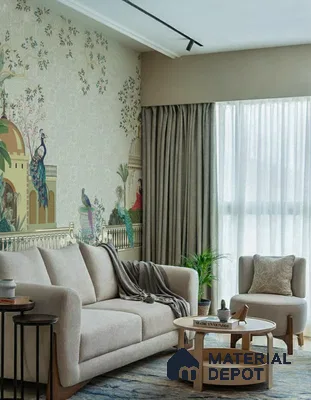 Eclectic living room with Indian mural wallpaper and beige fabric sofa of 3 BHK apartment in Prestige Jindal City Bagalakunte in Bengaluru