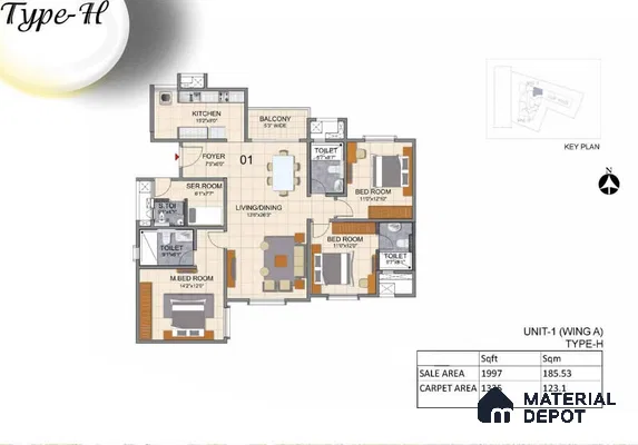Modern apartment floor plan with tiled flooring and wood accents of 3 BHK apartment in Prestige North Point Kalyan Nagar in Bengaluru