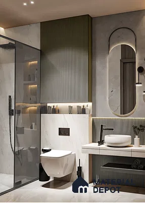Modern bathroom with marble-look tiles and olive green fluted wall panels of 3 BHK apartment in Prestige North Point Kalyan Nagar in Bengaluru