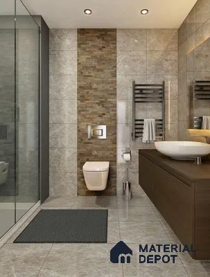 Modern bathroom with grey marble tiles, stacked stone accent wall, and walnut wood vanity of 3 BHK apartment in Prestige North Point Kalyan Nagar in Bengaluru