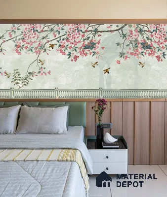 Japandi bedroom with chinoiserie floral wallpaper, pastel green headboard, and light wood fluted wall panels of 3 BHK apartment in Prestige North Point Kalyan Nagar in Bengaluru