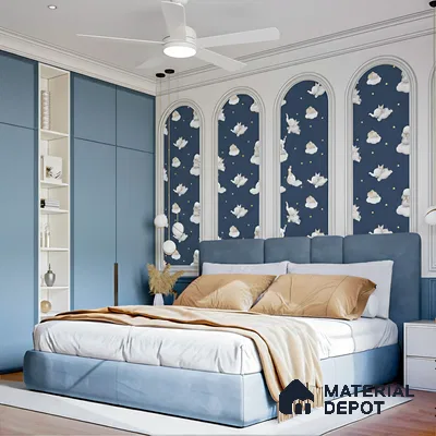 Modern bedroom with pastel blue laminate wardrobe, cloud motif wallpaper, and upholstered bed of 3 BHK apartment in Prestige North Point Kalyan Nagar in Bengaluru