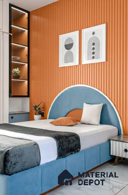 Modern bedroom with terracotta fluted wall panels and blue suede upholstered bed of 3 BHK apartment in Prestige North Point Kalyan Nagar in Bengaluru