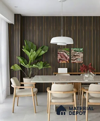 Scandinavian dining room with walnut wood fluted wall panels and white stone tabletop of 3 BHK apartment in Prestige North Point Kalyan Nagar in Bengaluru
