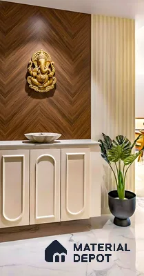 Modern pooja room with walnut chevron laminate, fluted beige panel, and white marble floor tile of 3 BHK apartment in Prestige North Point Kalyan Nagar in Bengaluru