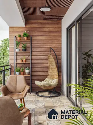 Scandinavian balcony with wood cladding, patterned floor tiles, and natural accents in 3 BHK apartment Prestige Suncrest Electronic City Bengaluru