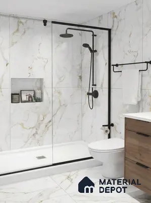 Modern bathroom with white marble-look tiles, gold veins, and wood laminate vanity in 3 BHK apartment Prestige Suncrest Electronic City Bengaluru