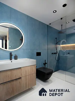 Modern bathroom with blue textured wall tiles, fluted wood vanity, and matte black fixtures in 3 BHK apartment Prestige Suncrest Electronic City Bengaluru