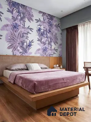 Scandinavian bedroom with lilac floral wallpaper and natural wood flooring in 3 BHK apartment Prestige Suncrest Electronic City Bengaluru