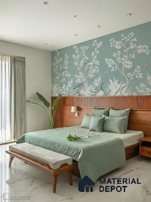 Japandi bedroom with chinoiserie floral wallpaper, walnut wood fluted headboard, and marble floor tile in 3 BHK apartment Prestige Suncrest Electronic City Bengaluru