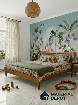 Scandinavian kids room with animal-themed wallpaper, natural wood bed, and marble-look floor tiles in 3 BHK apartment Prestige Suncrest Electronic City Bengaluru