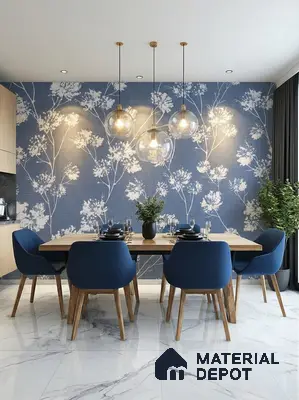 Modern dining room with blue floral wallpaper and white marble floor tiles in 3 BHK apartment Prestige Suncrest Electronic City Bengaluru